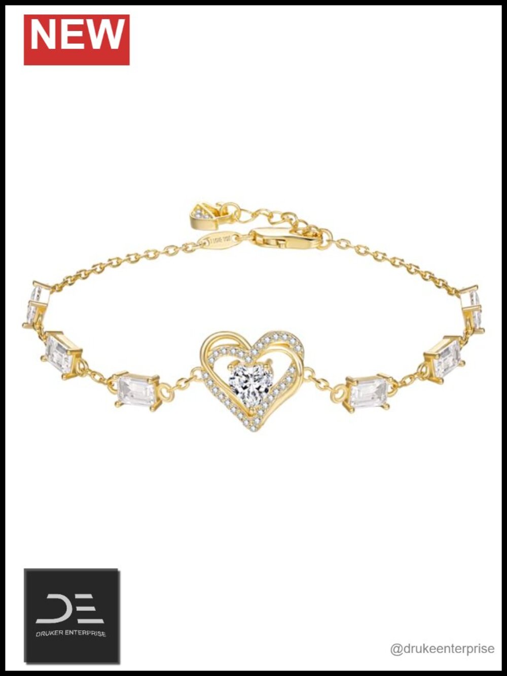 Birthstone Link Bracelet with Heart Charm 14K Gold Plated Adjustable
